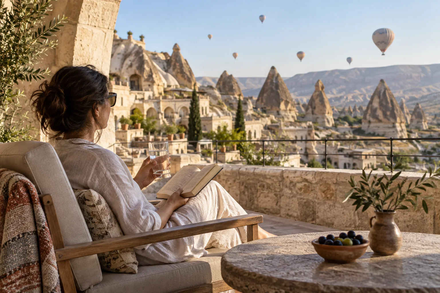Quiet stone terrace overlooking the Cappadocian landscape